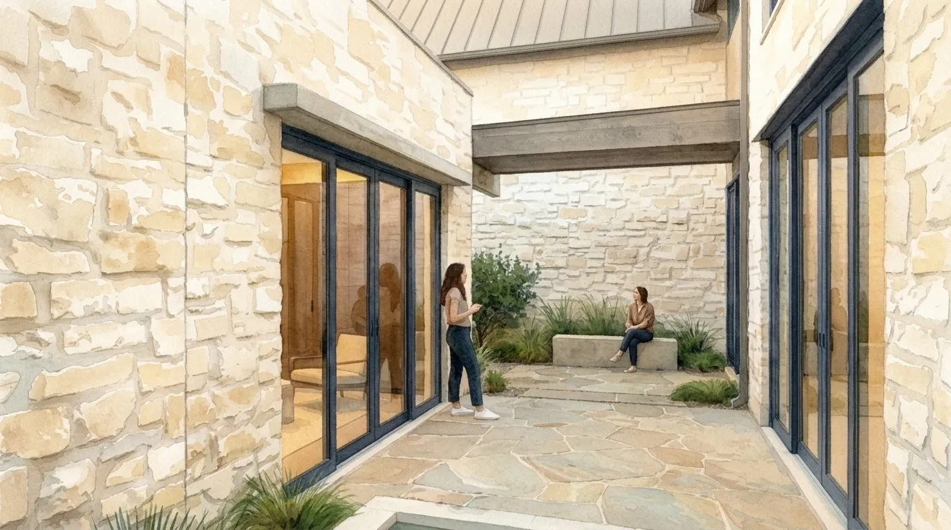 Concept rendering: stone courtyard with glass doors on two sides