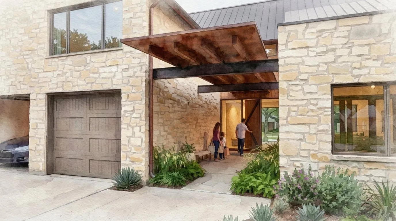 Concept rendering: front entry under a wood and steel canopy between stone walls