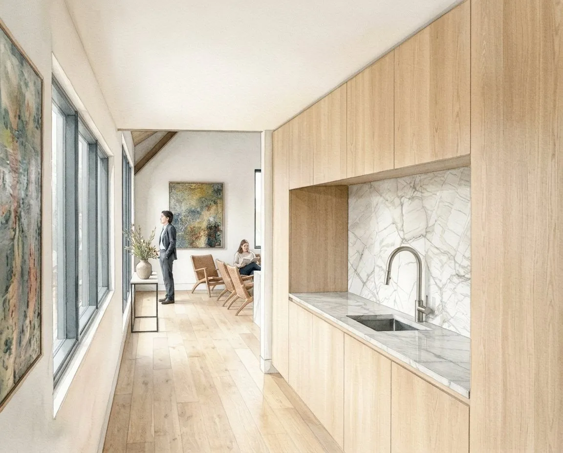 Concept rendering: upstairs bar with oak cabinets and a marble backsplash